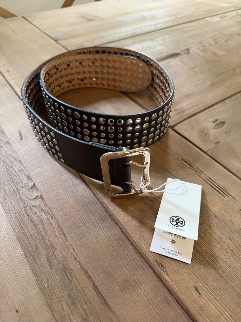 Tory Burch Black Leather Studded Belt with Silver Hardware